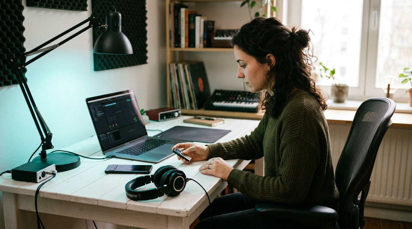Desk with a laptop, phone, and headphones for comparing distributors