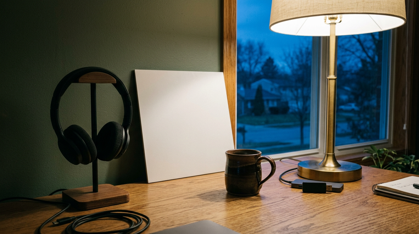 Studio desk with headphones and a blank cover print