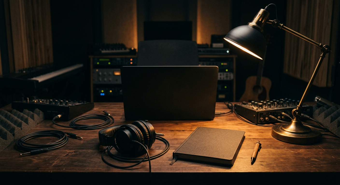 Dark desk with headphones beside the royalty calculator