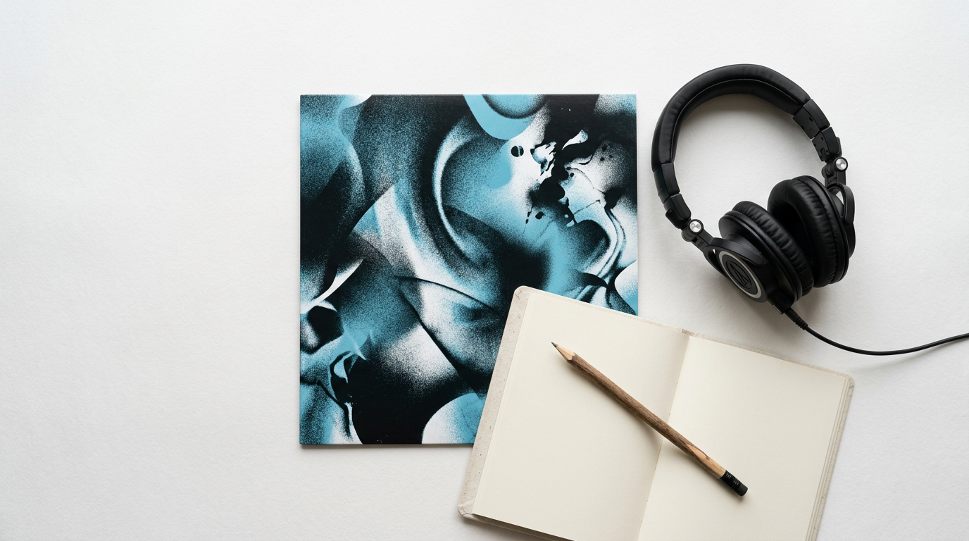 Printed artwork, headphones, and a notebook before a release is sent