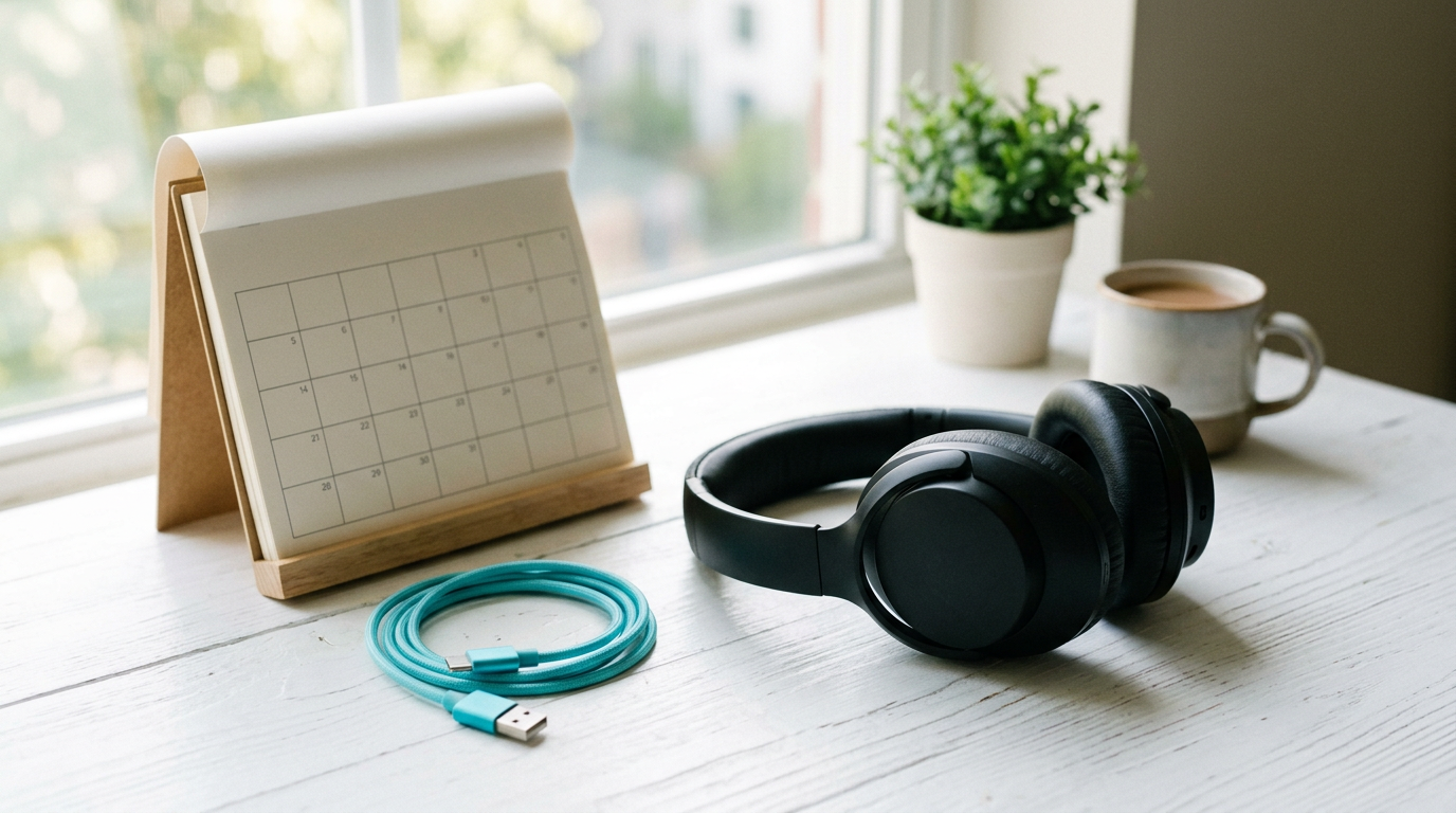 Headphones and a calendar on a white desk