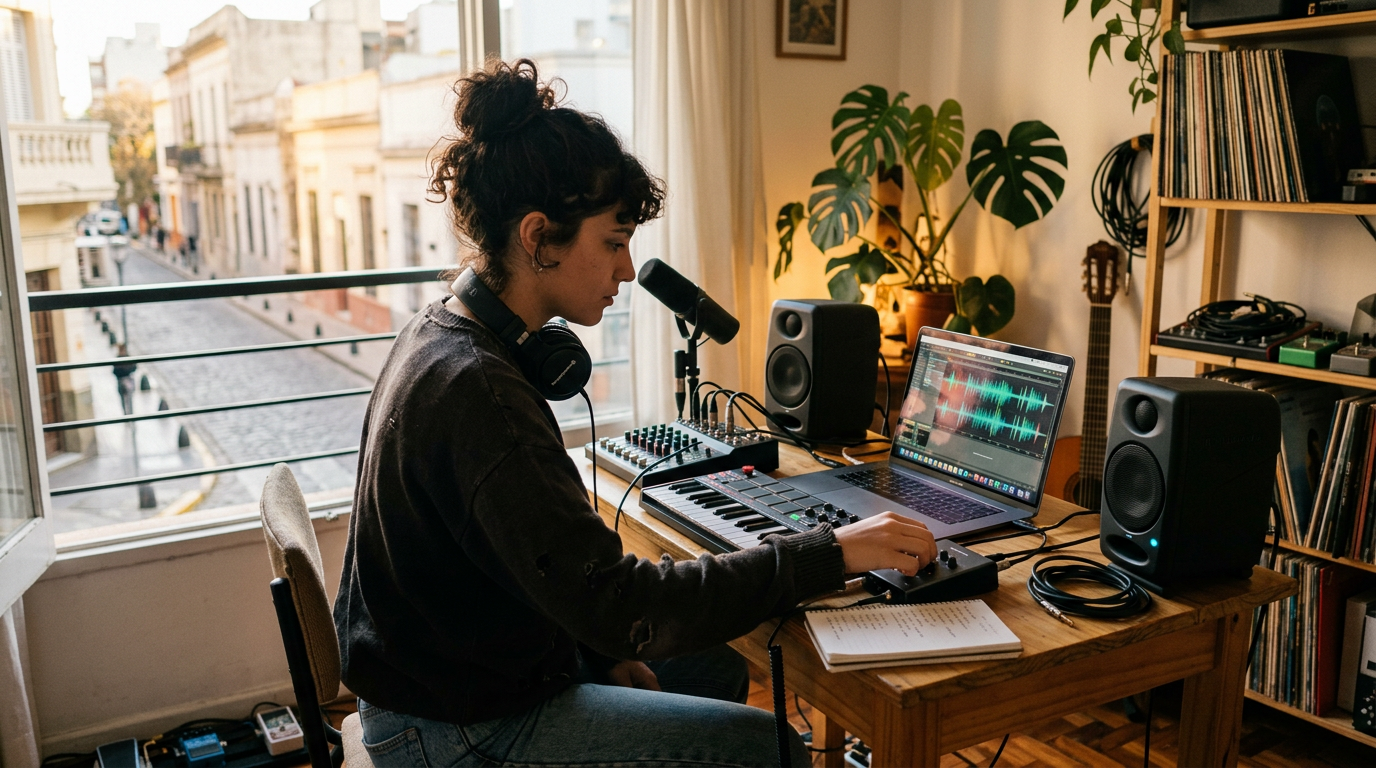 Home studio with monitors, a laptop, and headphones before a release