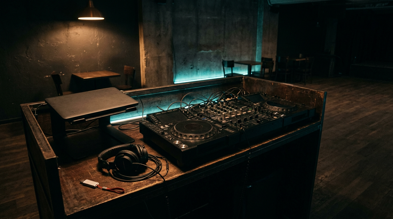 Empty DJ booth with headphones and a USB stick before the floor opens